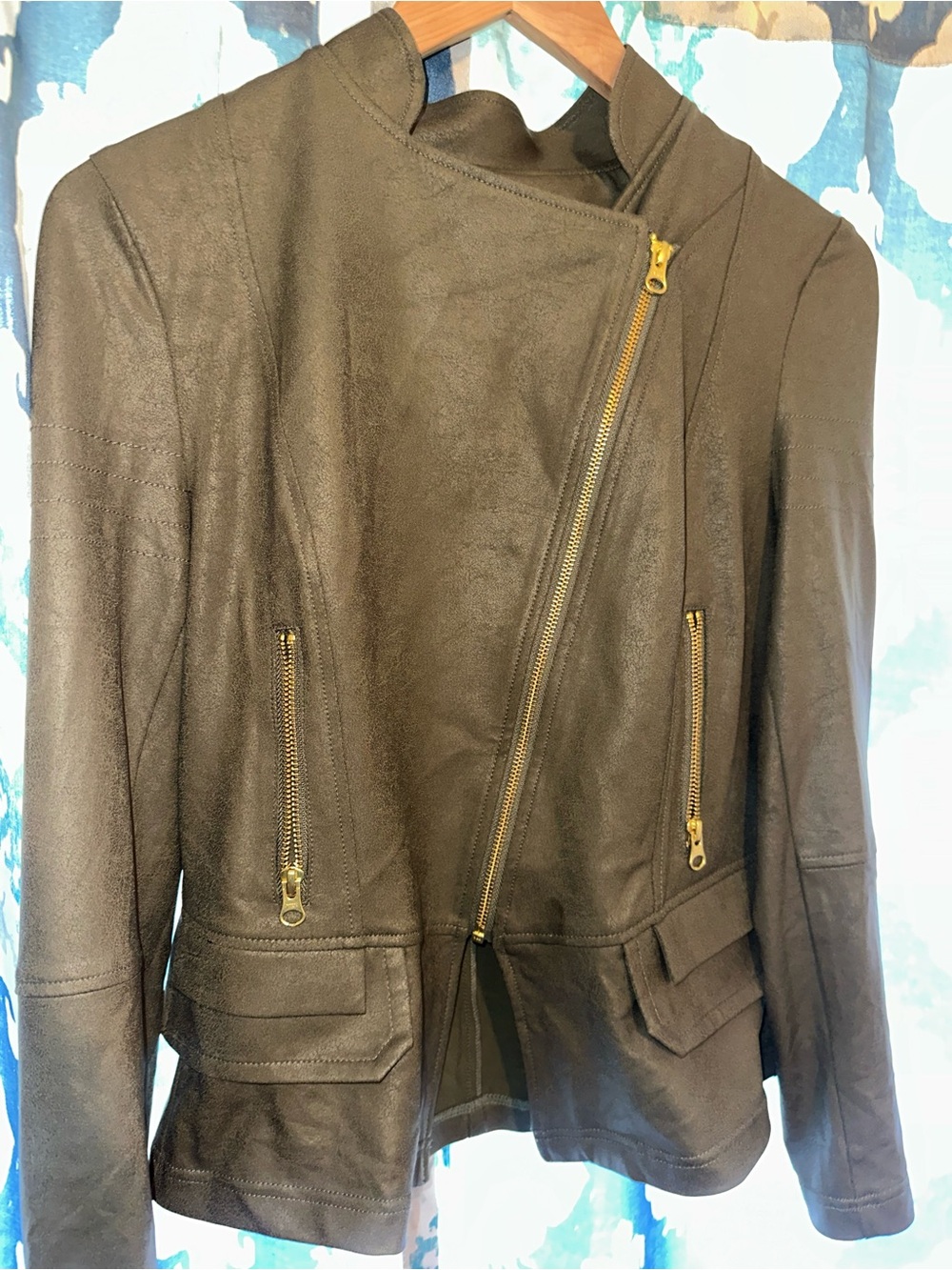 Clara Sun Woo Faux Leather Moto Jacket | Gold Zip | Luxe Stretch | Size Small